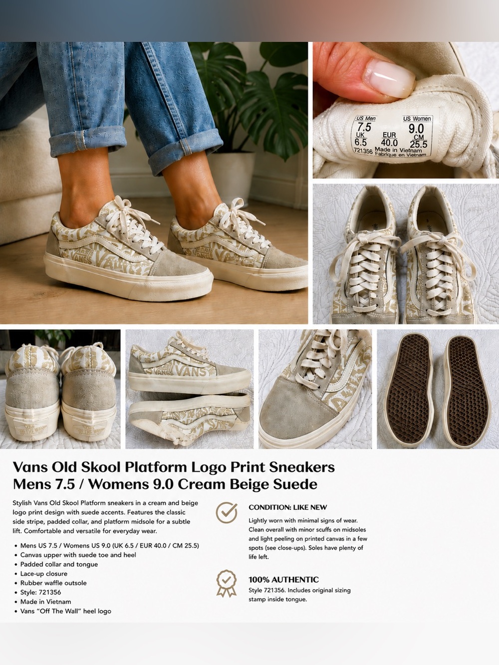 Vans Old Skool Platform Logo Print Sneakers Cream Beige Suede Canvas M 7.5/ W9